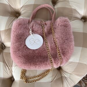 Pink Faux Fur Tote Bag with Gold Chain by